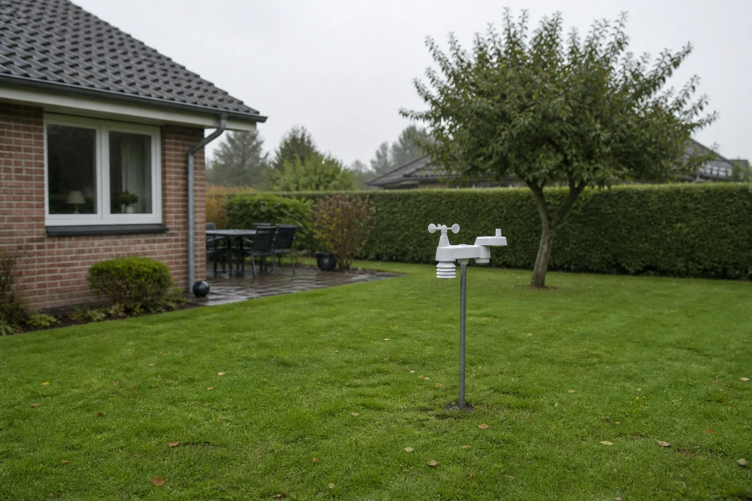 Vejrsensor placeret frit på en græsplæne med afstand til hus og træ
