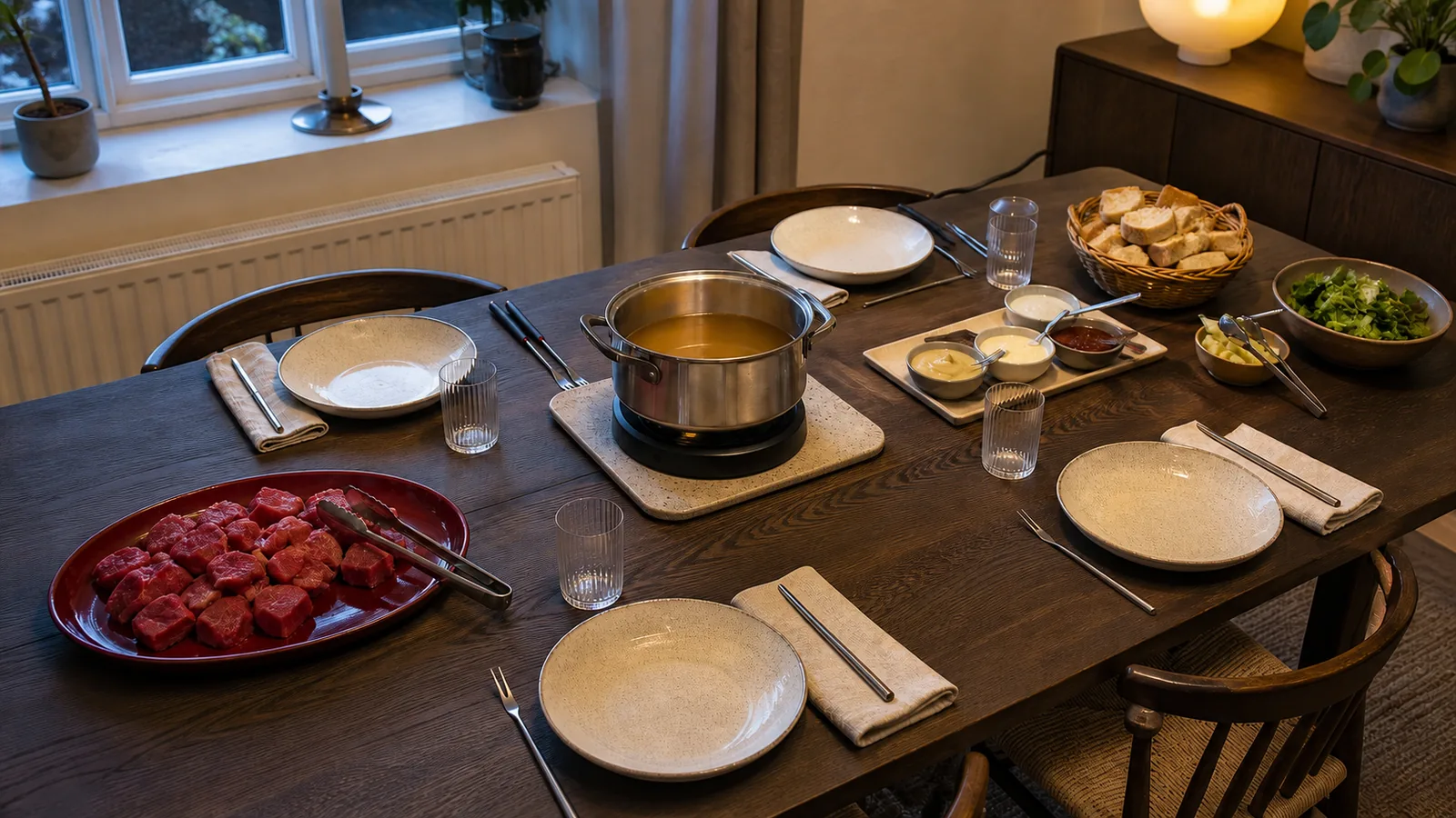 Fonduesæt på varmefast underlag med råt kød og spiseklar mad i separate bordzoner