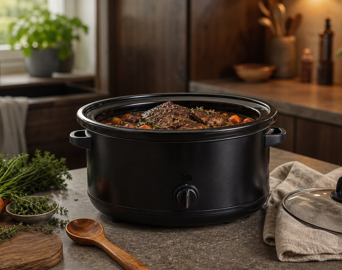 Sort slow cooker med braiseret oksekød i et varmt køkken