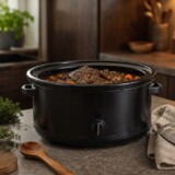 Sort slow cooker med braiseret oksekød i et varmt køkken