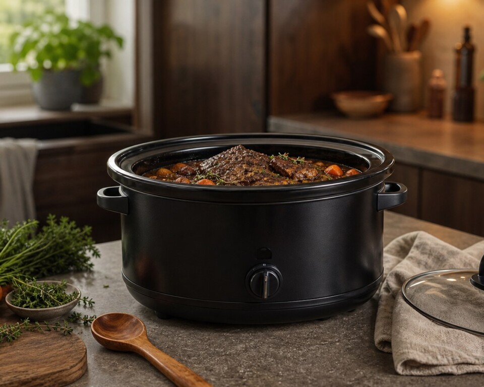 Sort slow cooker med braiseret oksekød i et varmt køkken
