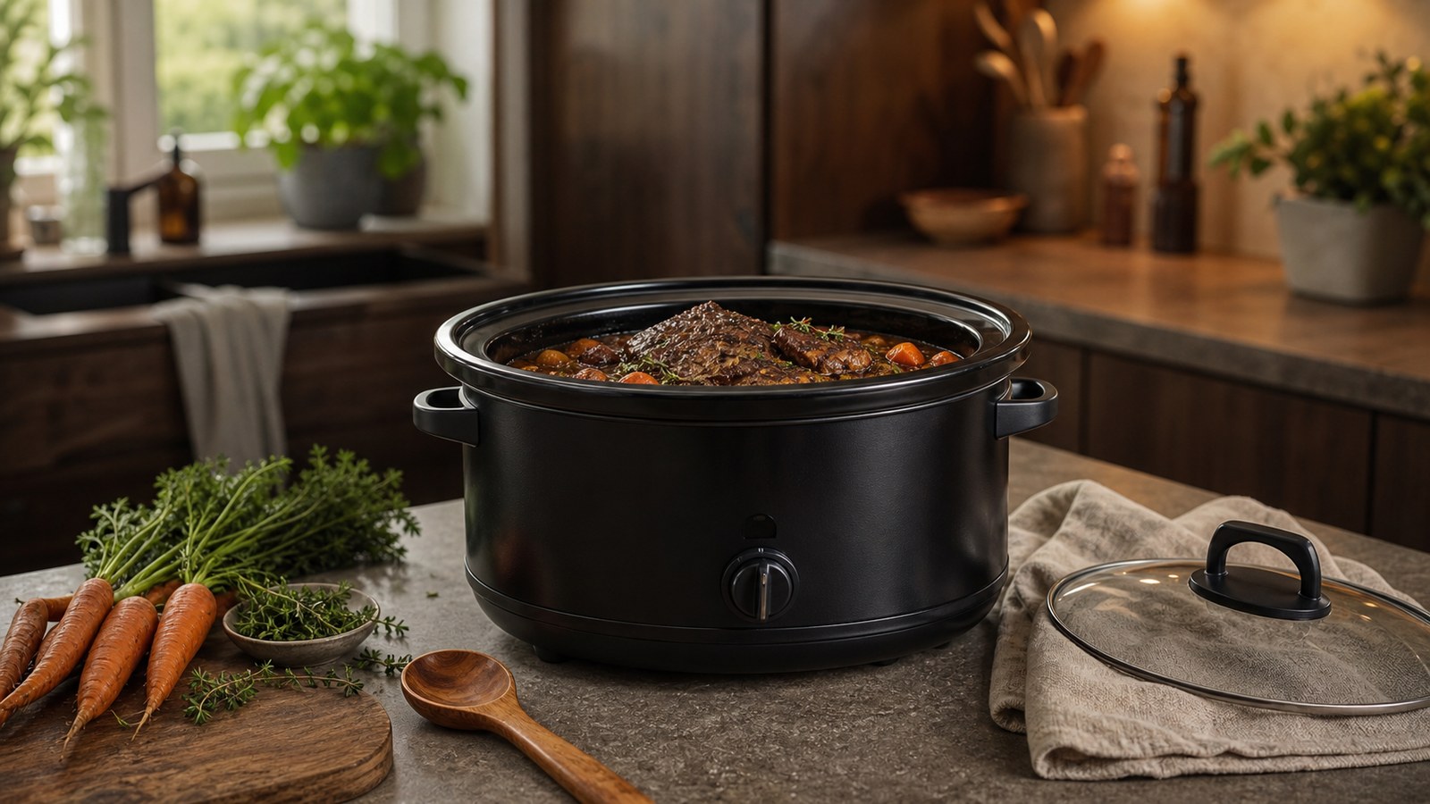 Sort slow cooker med braiseret oksekød i et varmt køkken