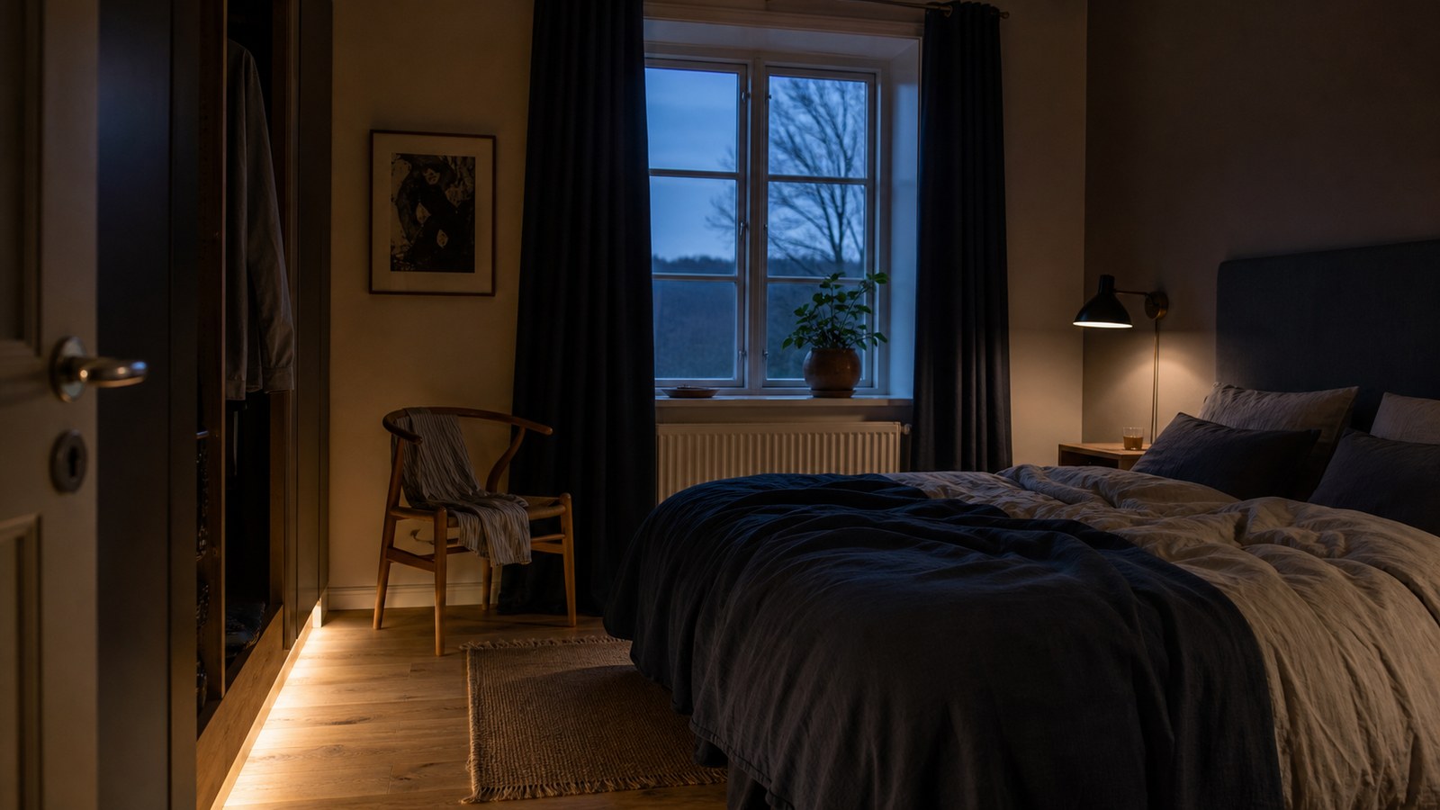 Soveværelse ved blå time med afskærmet læselys og lav belysning langs gulvet