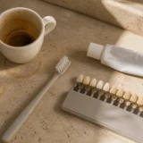 Kaffekop, tandbørste, tandpasta og farveskala på lys sten