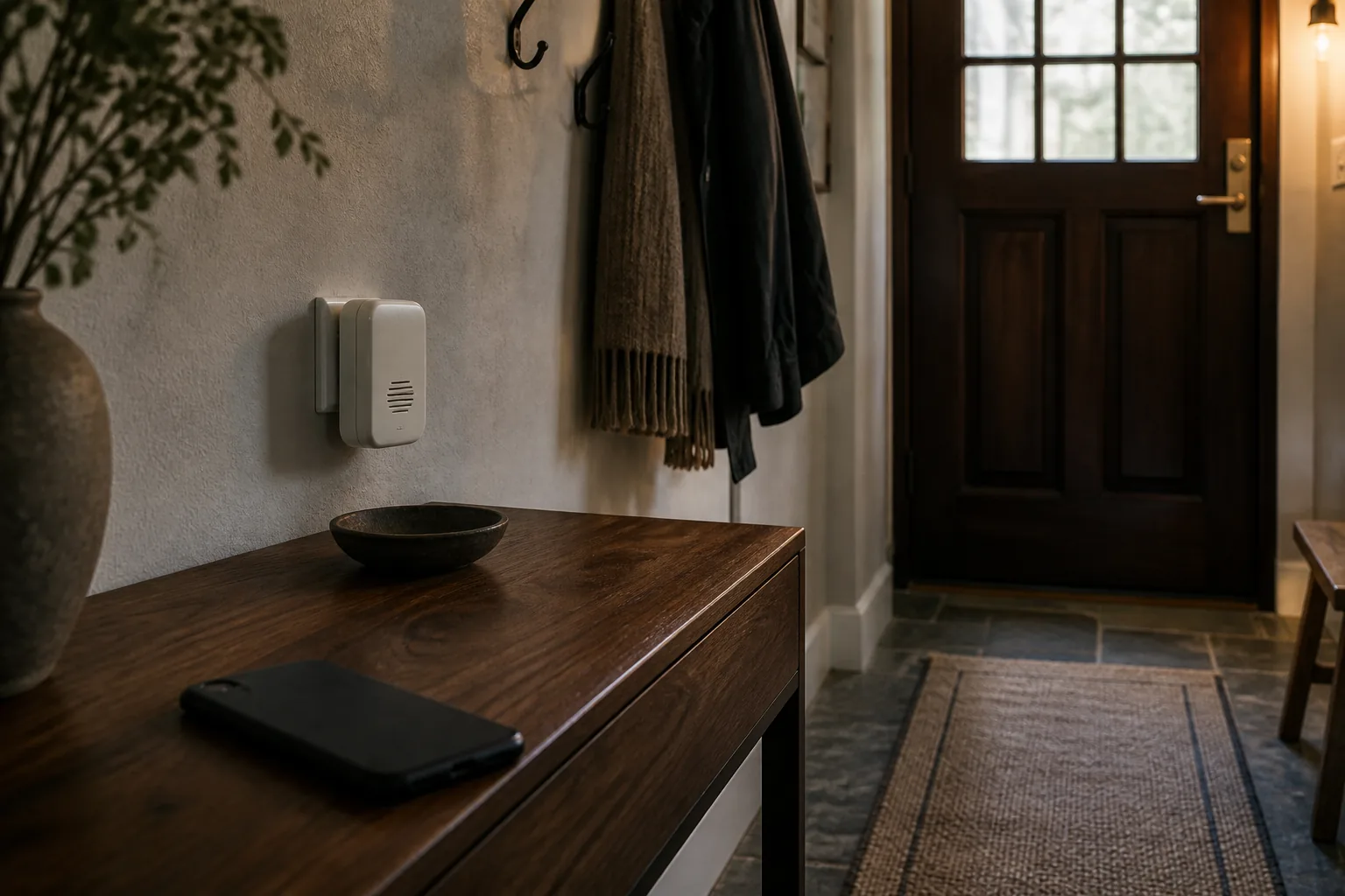 Telefon på et entrébord ved siden af et fysisk indendørs klokkespil