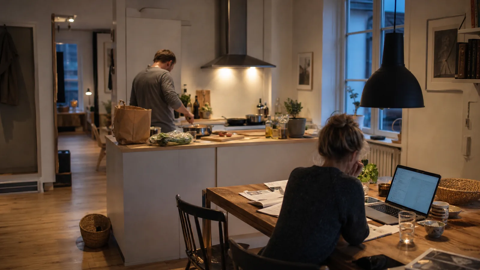Hverdagsaften i åbent køkken med madlavning og arbejde ved spisebordet samtidig