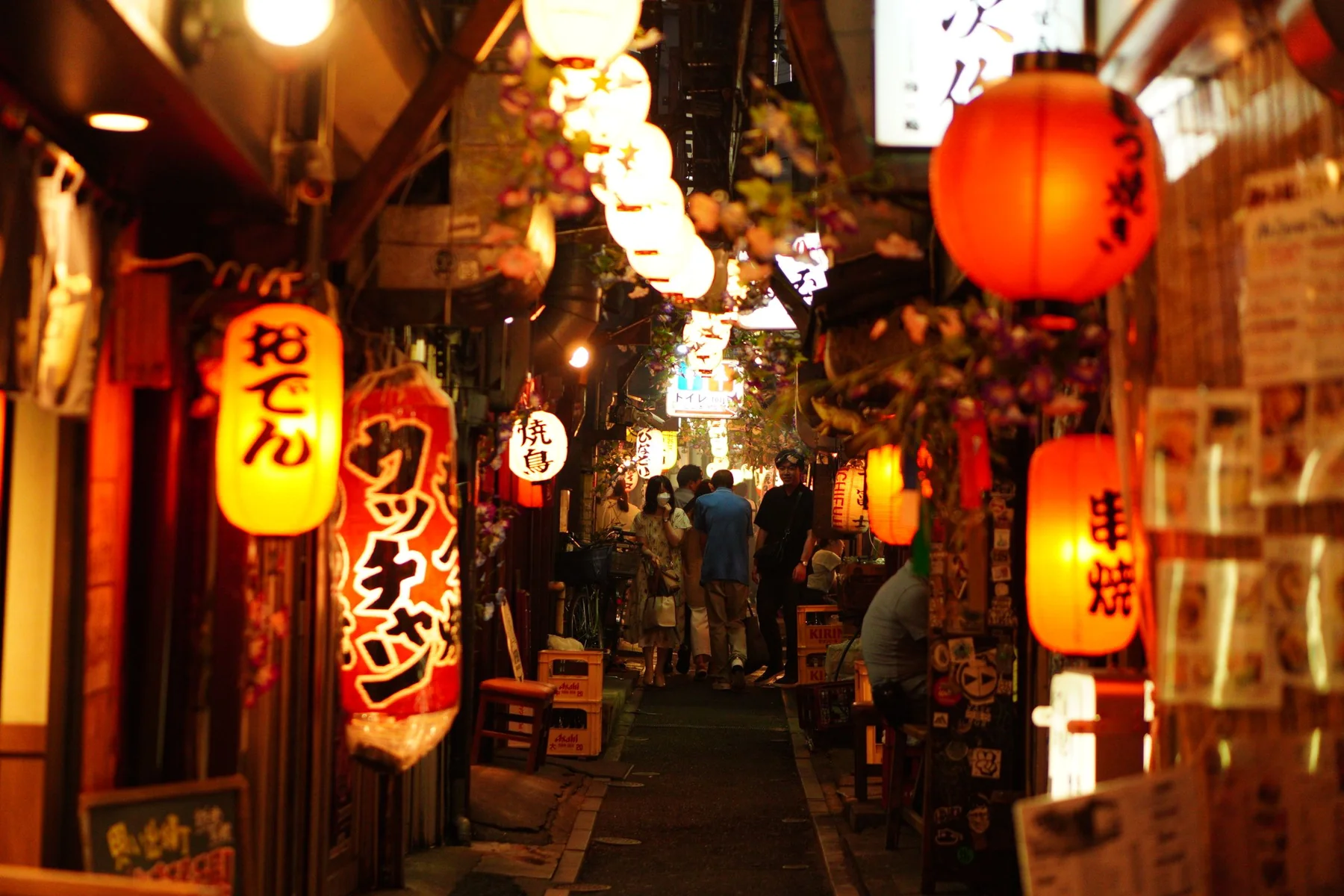 Smal lanterneoplyst gyde i Omoide Yokocho i Tokyo om aftenen