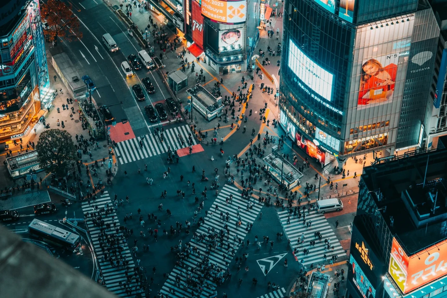Shibuya Crossing i Tokyo set fra oven om aftenen