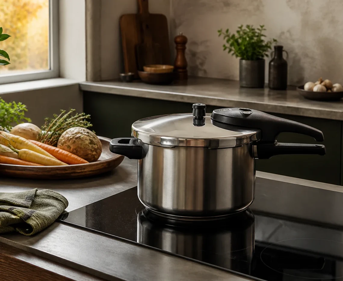 Trykkoger på en induktionskogeplade i et varmt eftermiddagskøkken