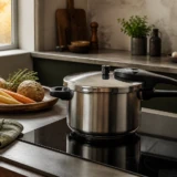 Trykkoger på en induktionskogeplade i et varmt eftermiddagskøkken