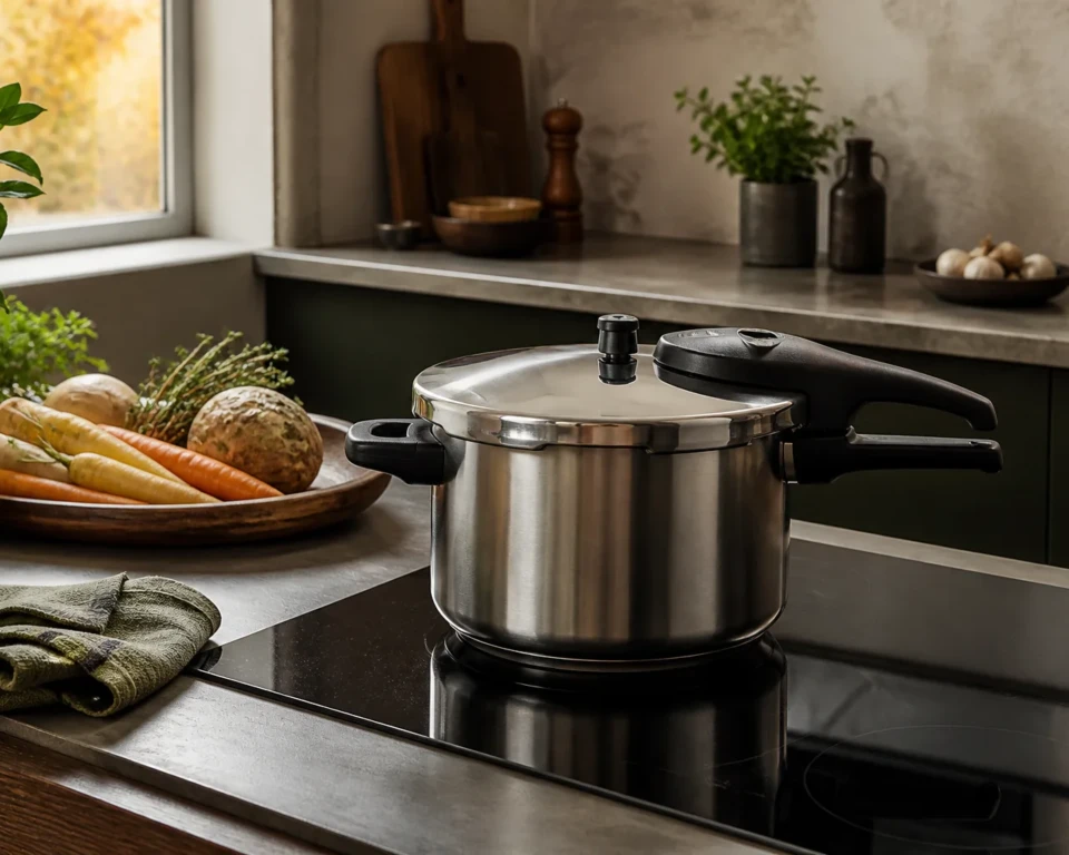 Trykkoger på en induktionskogeplade i et varmt eftermiddagskøkken