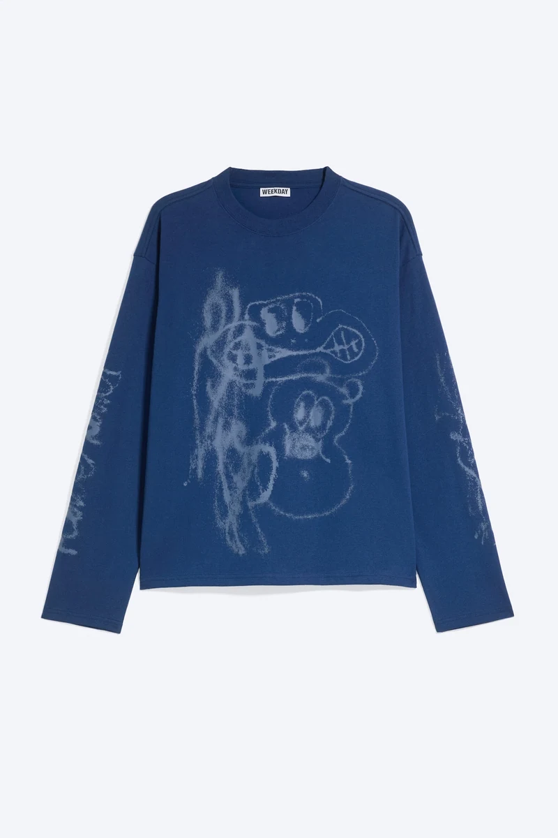 Mørkeblå Weekday Graphic Long Sleeve T-Shirt med tonal grafik
