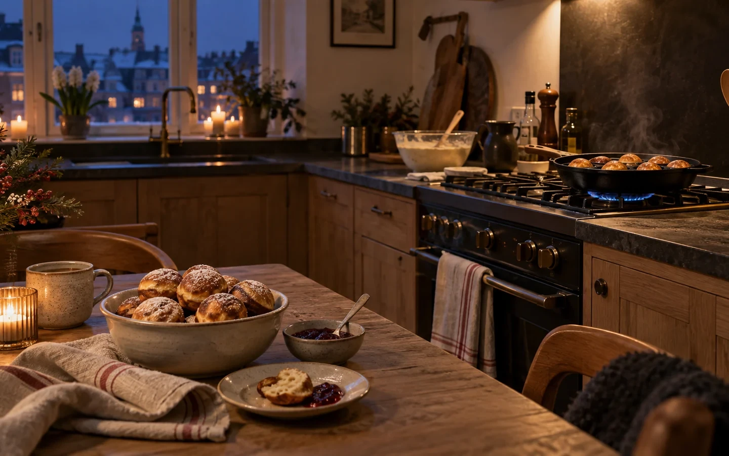 Æbleskiver på bordet og en æbleskivepande på komfuret i et varmt vinterkøkken