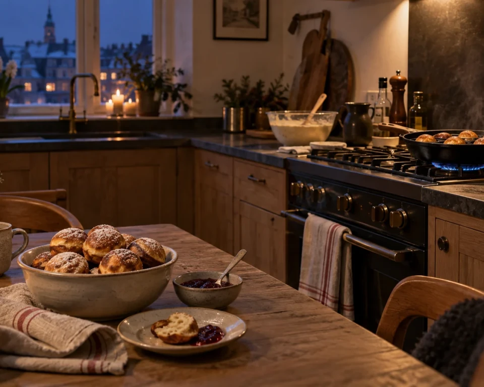 Æbleskiver på bordet og en æbleskivepande på komfuret i et varmt vinterkøkken