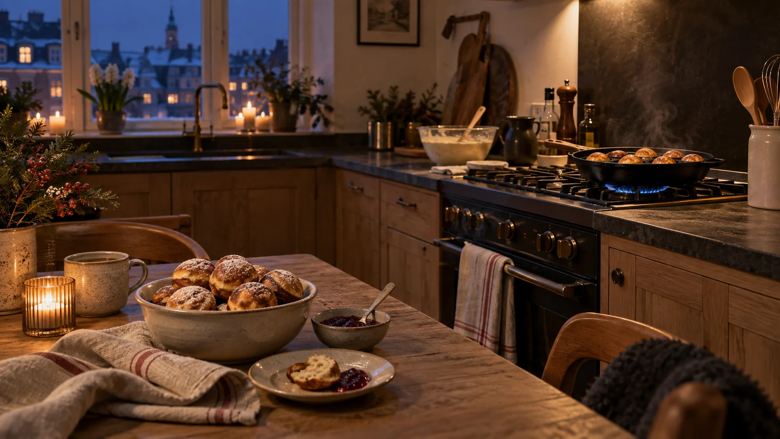 Æbleskiver på bordet og en æbleskivepande på komfuret i et varmt vinterkøkken
