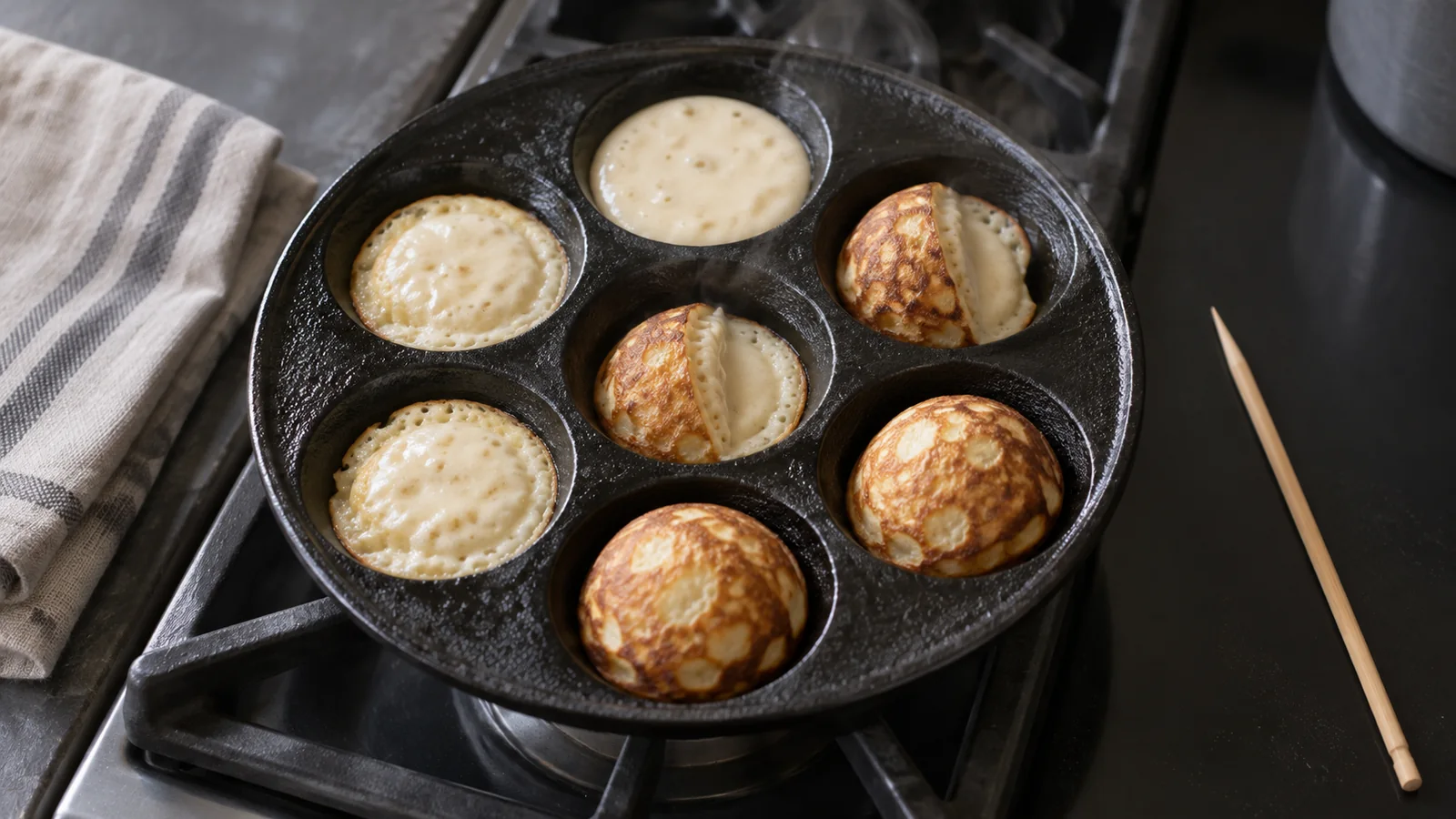 Æbleskiver i forskellige stadier fra flydende dej til kvartvendt og næsten rund