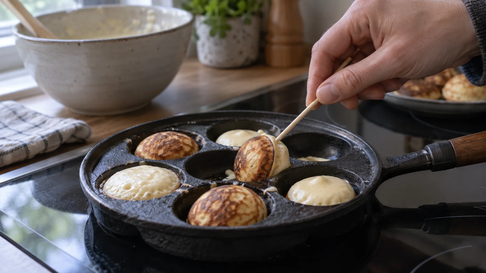 En hånd vender en halvbagt æbleskive med et træspyd i en støbejernspande