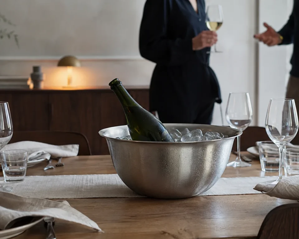 Champagneflaske i en stålskål med is og vand på et dækket bord, mens gæsterne ankommer