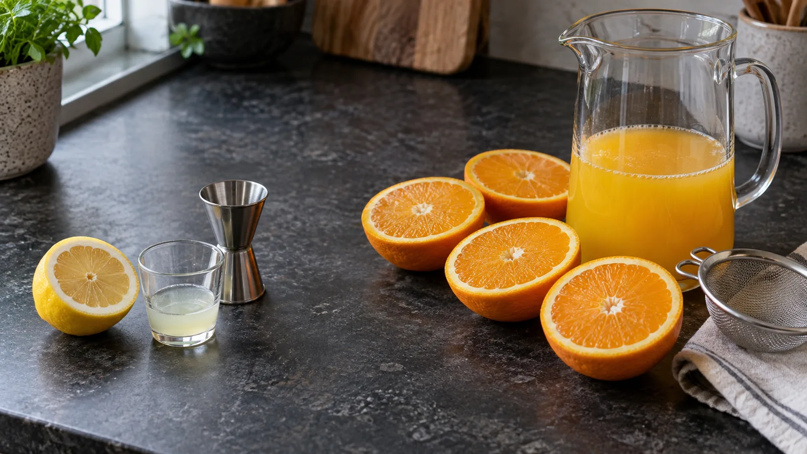 En halv citron ved et lille glas og appelsinhalvdele ved en kande juice
