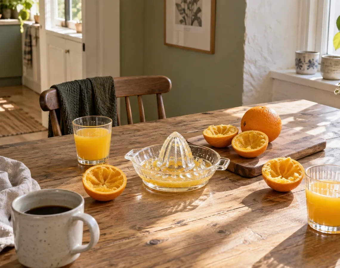 Citruspresser i glas, appelsinhalvdele og to glas juice på et lyst morgenbord