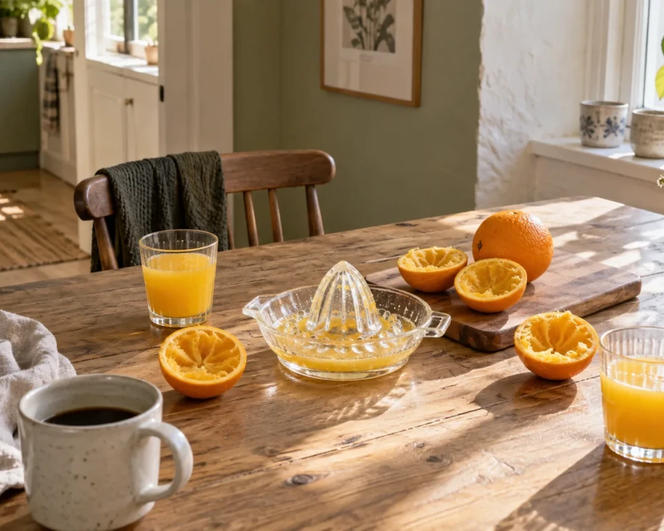 Citruspresser i glas, appelsinhalvdele og to glas juice på et lyst morgenbord