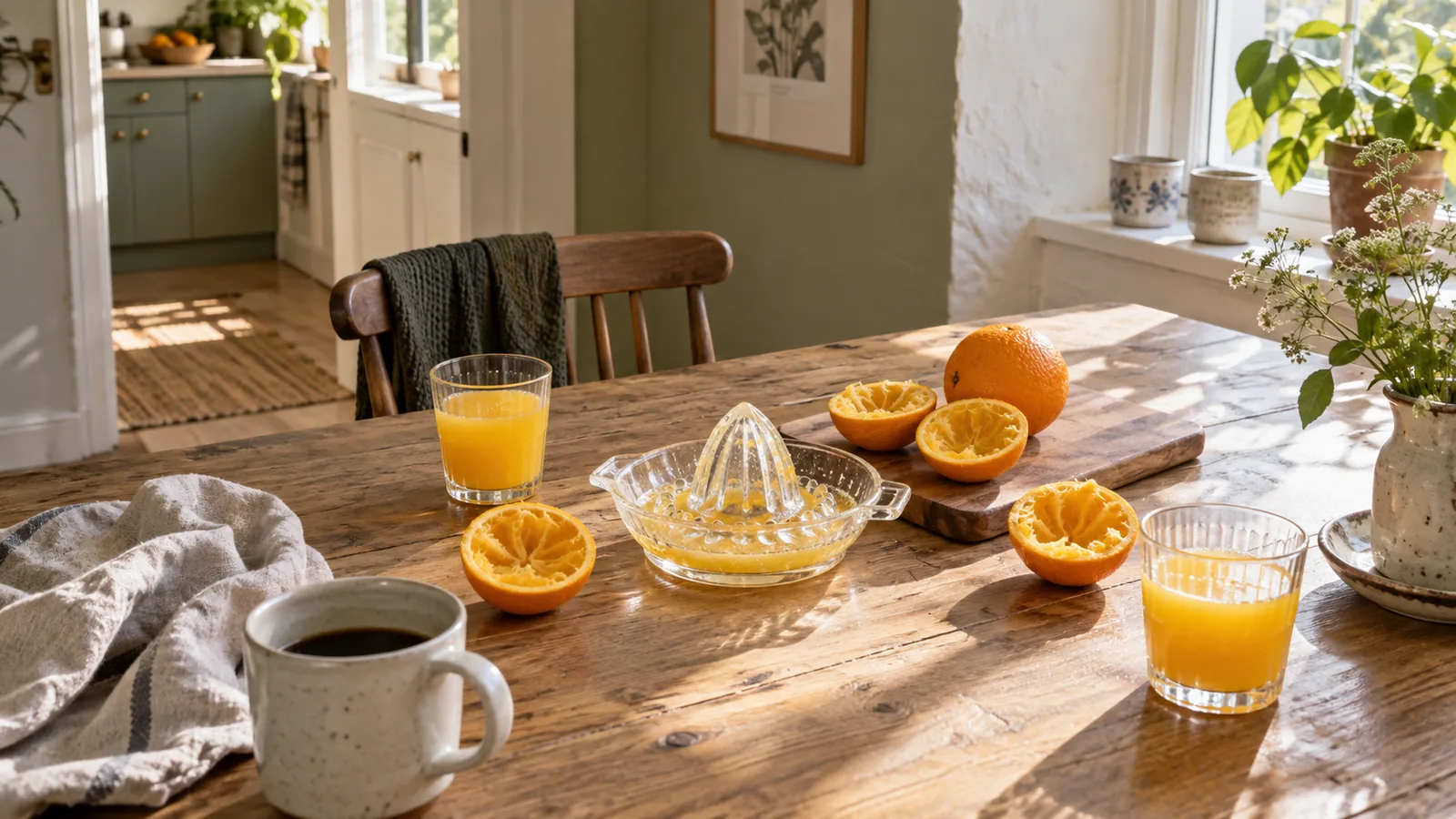 Citruspresser i glas, appelsinhalvdele og to glas juice på et lyst morgenbord