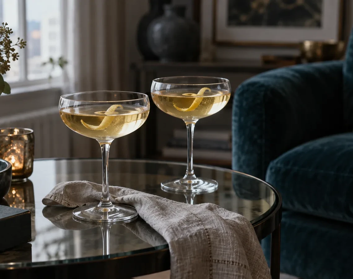 To coupeglas med lyse cocktails på et glasbord ved en petrolfarvet lænestol