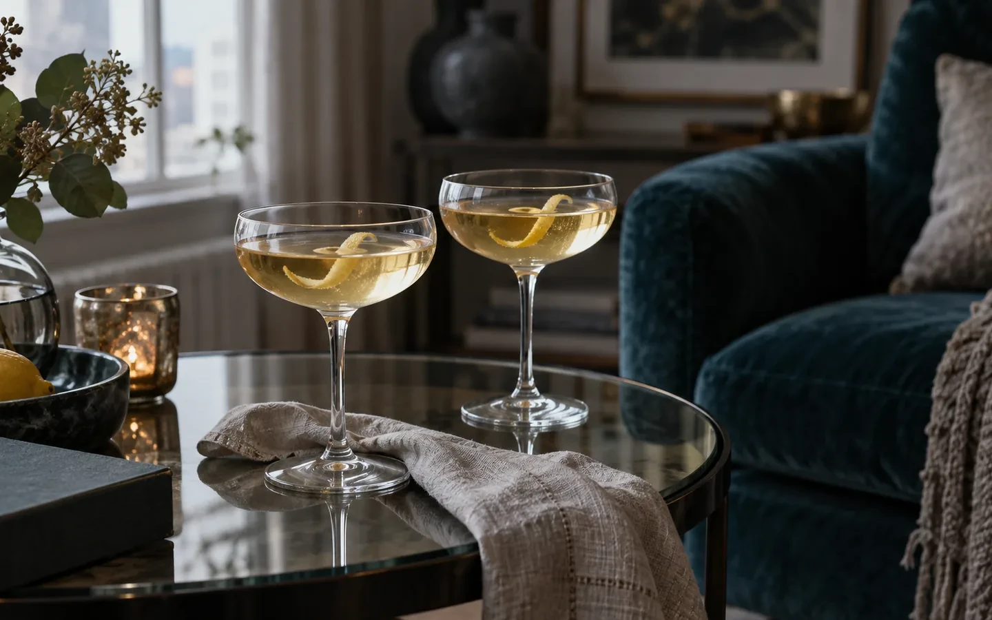 To coupeglas med lyse cocktails på et glasbord ved en petrolfarvet lænestol