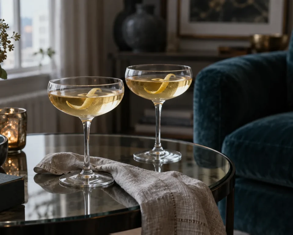 To coupeglas med lyse cocktails på et glasbord ved en petrolfarvet lænestol