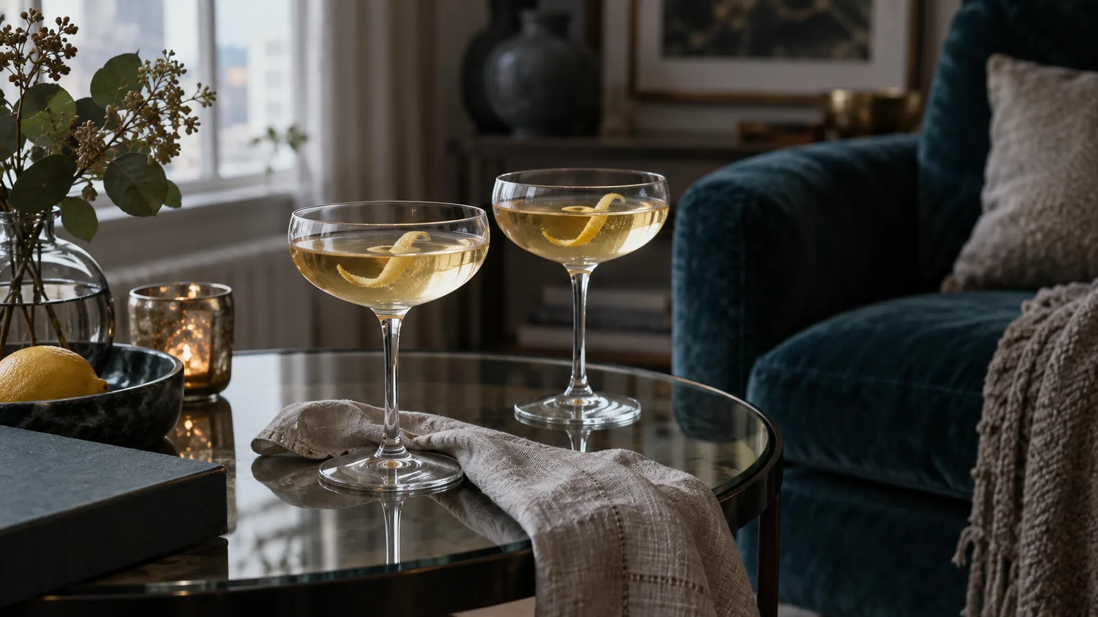 To coupeglas med lyse cocktails på et glasbord ved en petrolfarvet lænestol