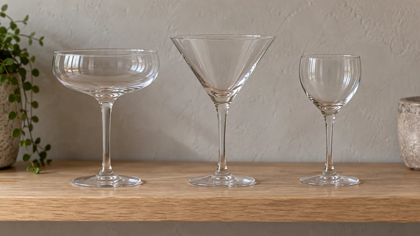 Fra venstre: bred coupe, V-formet martiniglas og mindre, afrundet Nick & Nora-glas