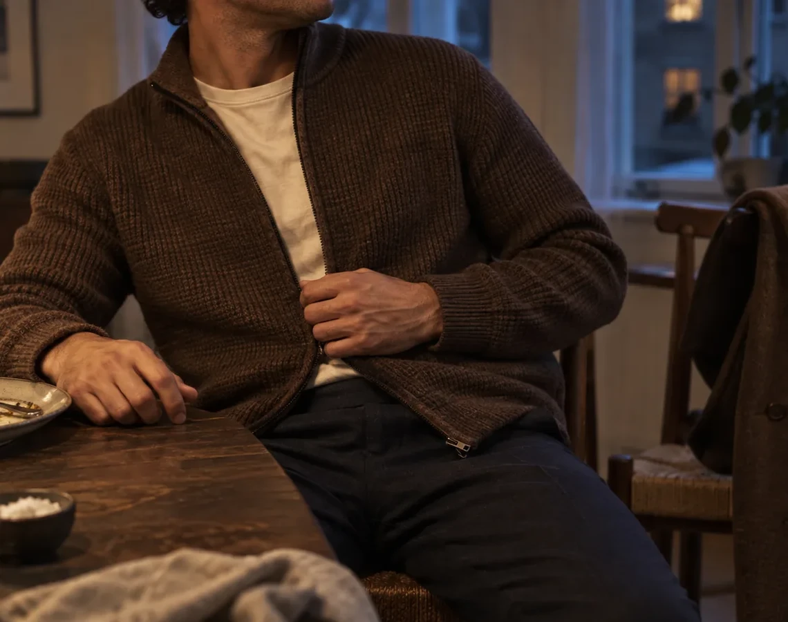 Brun cardigan over råhvid T-shirt ved middagsbordet, mens frakken hænger på stolen