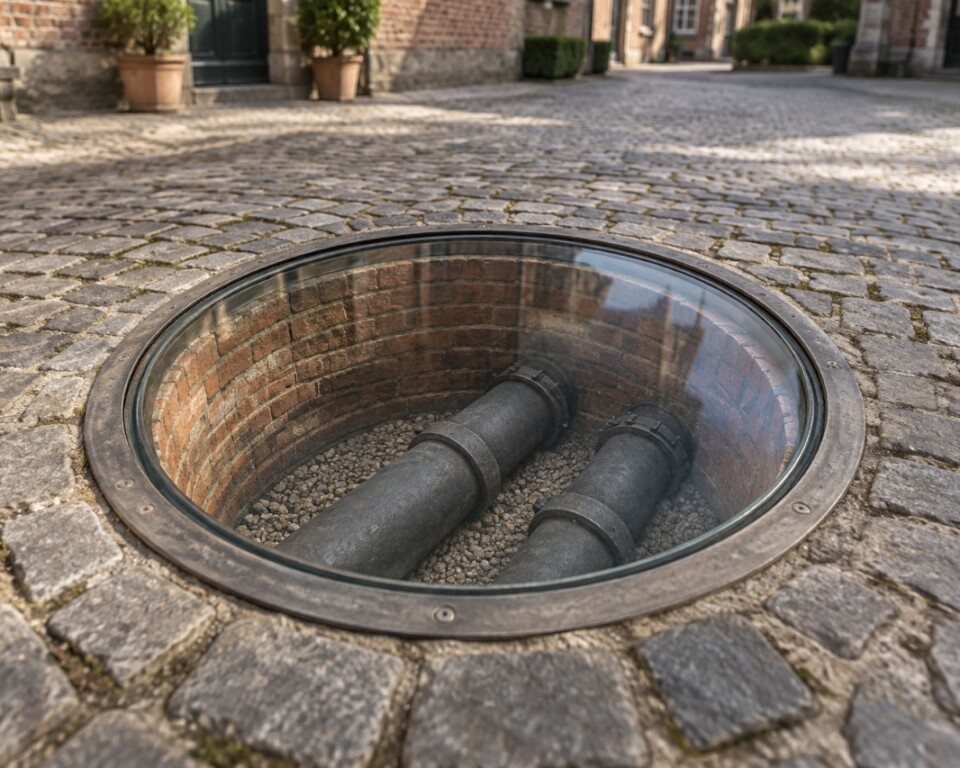 AI-visualisering af to mørke rør under en glasrude i brostensbelægning.