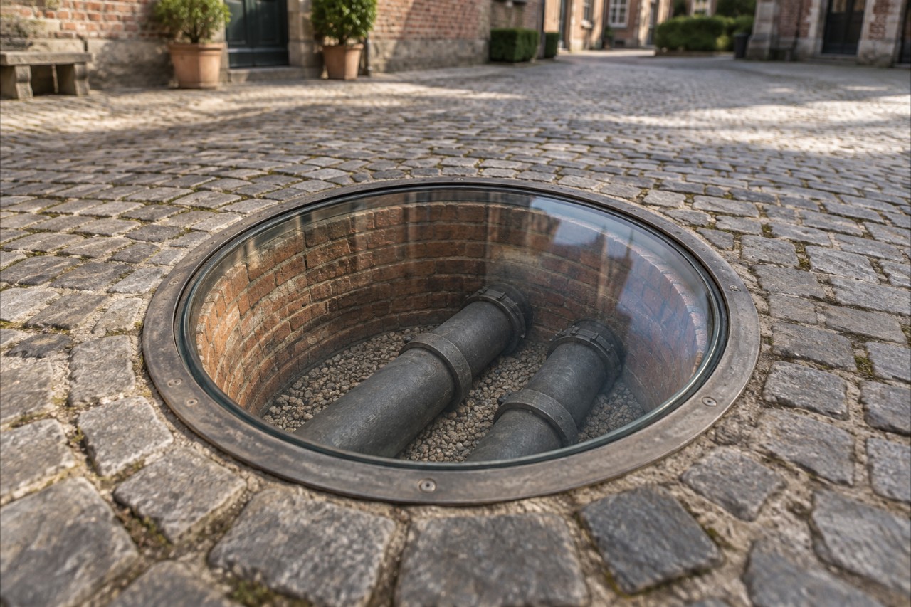 AI-visualisering af to mørke rør under en glasrude i brostensbelægning.