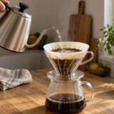 AI-visualisering af en svanehalskedel, der hælder en samlet vandstråle over kaffe i et papirfilter.