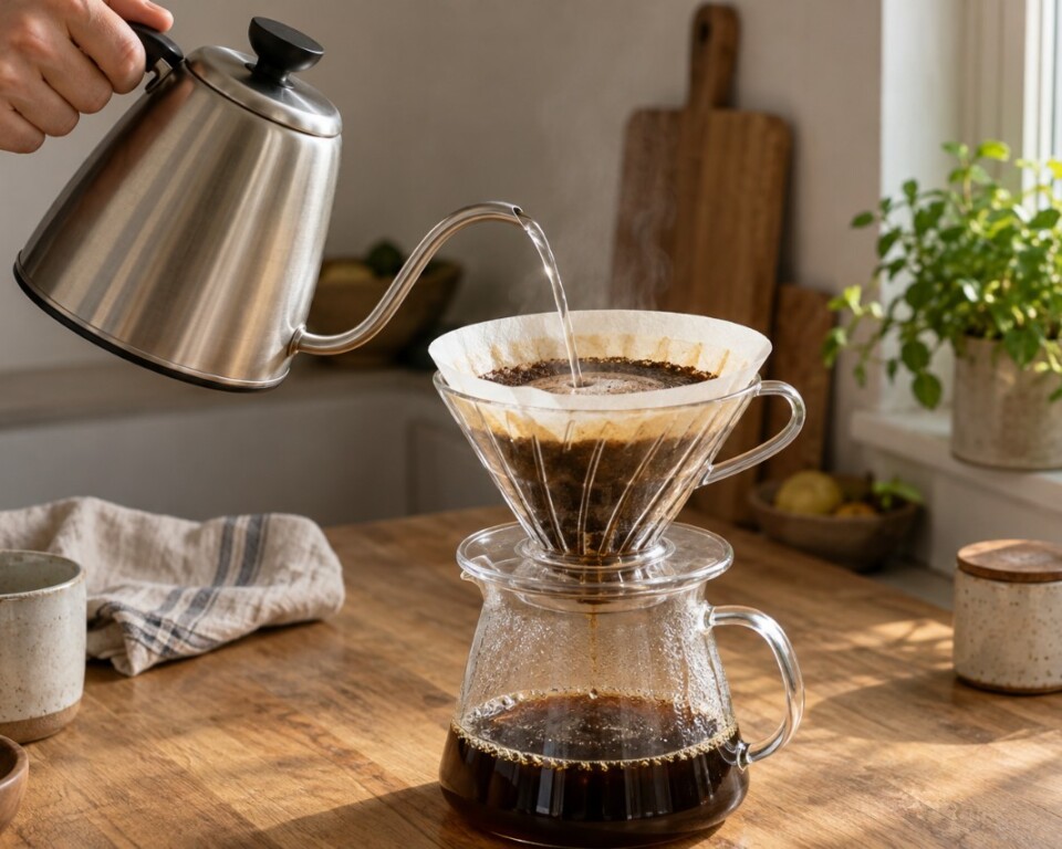 AI-visualisering af en svanehalskedel, der hælder en samlet vandstråle over kaffe i et papirfilter.
