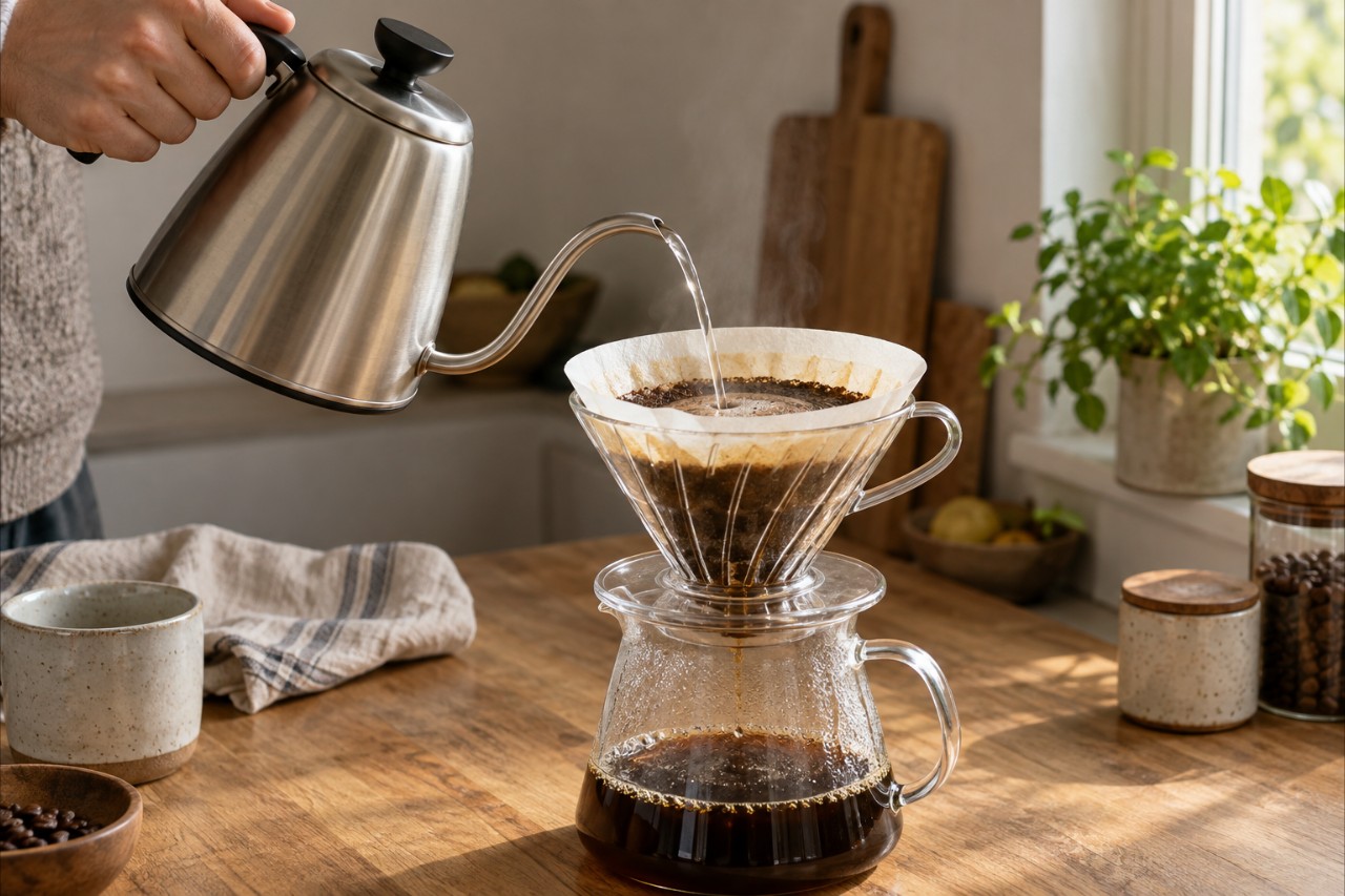 AI-visualisering af en svanehalskedel, der hælder en samlet vandstråle over kaffe i et papirfilter.