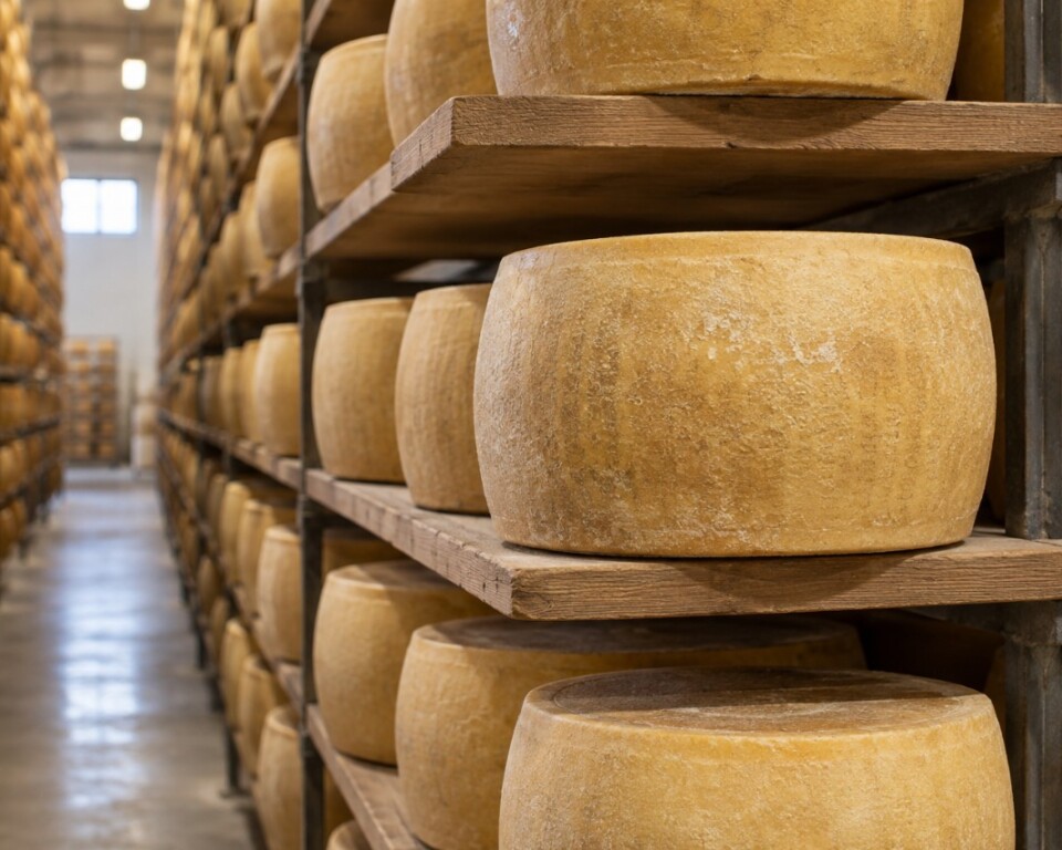 AI-genereret visualisering af runde parmesanoste på reoler i et lager, ikke et fotografi af Credems anlæg.
