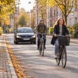 AI-genereret visualisering af to cyklister med en bil bagved på en unavngiven dansk bygade.