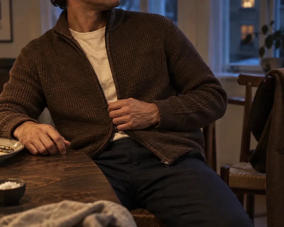 Brun cardigan over råhvid T-shirt ved middagsbordet, mens frakken hænger på stolen
