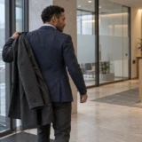 Mand tager vinterfrakken af ved ankomsten til en jobsamtale