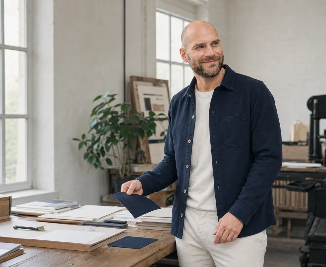 Joen i mørk navy overshirt og råhvid T-shirt i et lyst bogtrykkeri