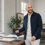 Joen i mørk navy overshirt og råhvid T-shirt i et lyst bogtrykkeri