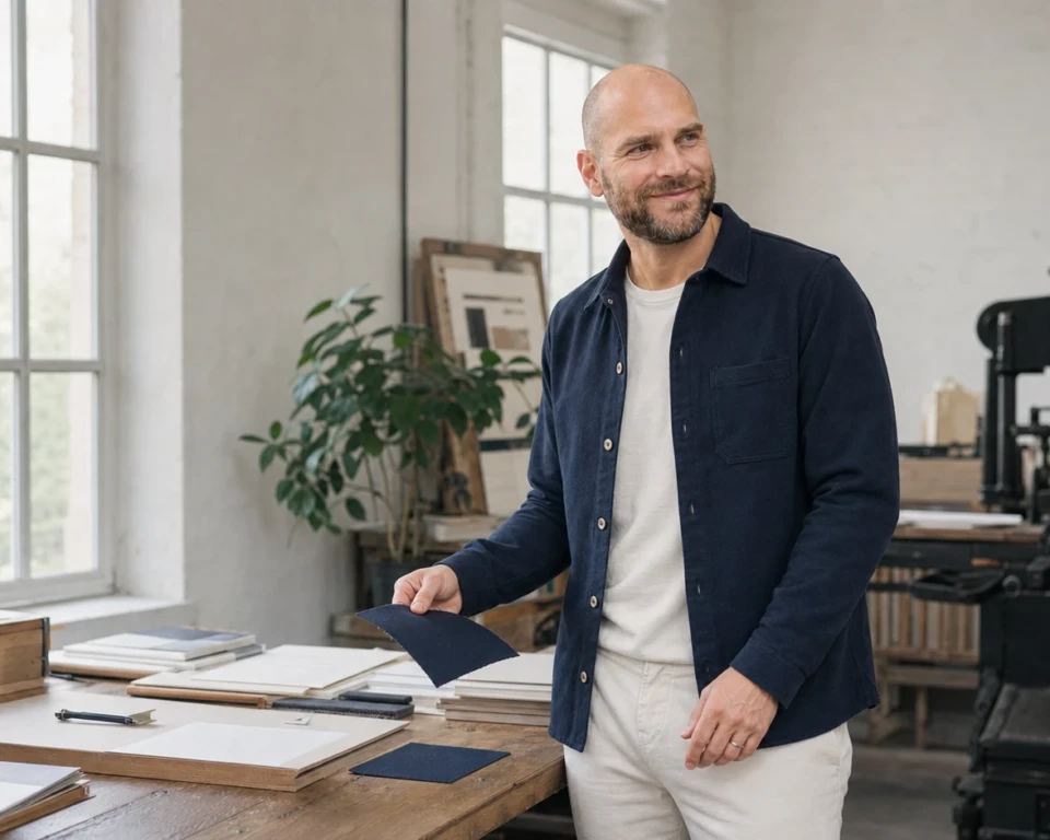 Joen i mørk navy overshirt og råhvid T-shirt i et lyst bogtrykkeri
