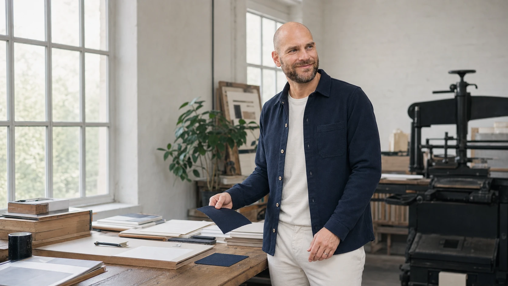 Joen i mørk navy overshirt og råhvid T-shirt i et lyst bogtrykkeri
