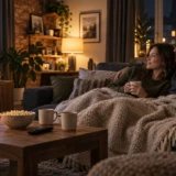 Et par ser tv under et tæppe i en stue med varmt aftenlys.