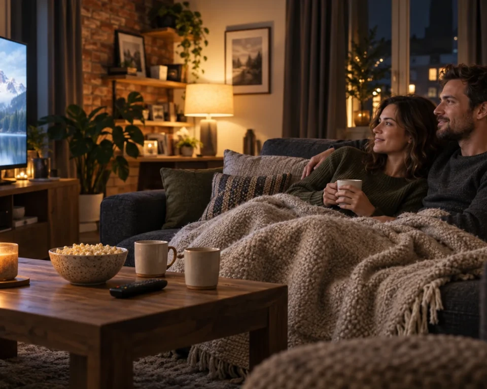Et par ser tv under et tæppe i en stue med varmt aftenlys.
