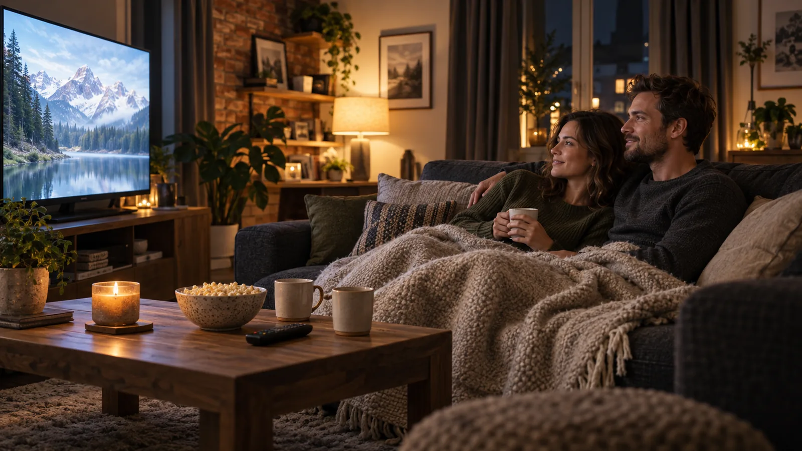 Et par ser tv under et tæppe i en stue med varmt aftenlys.