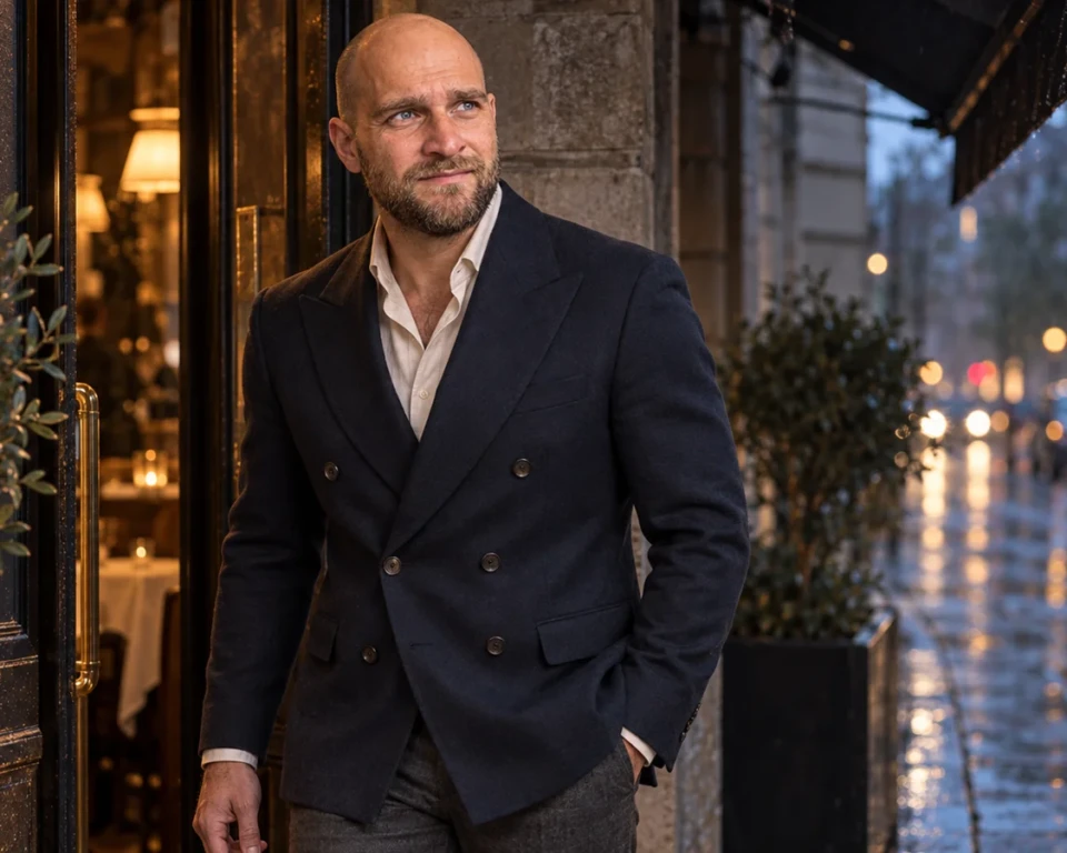Mand i navy dobbeltradet blazer ved en restaurantindgang i aftenlys