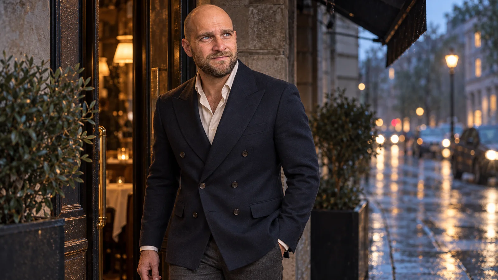 Mand i navy dobbeltradet blazer ved en restaurantindgang i aftenlys